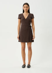 Farah Seersucker Mini Wrap Dress - Coffee | Afends