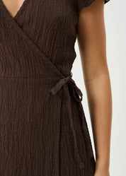 Farah Seersucker Mini Wrap Dress - Coffee | Afends