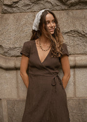 Farah Seersucker Mini Wrap Dress - Coffee | Afends