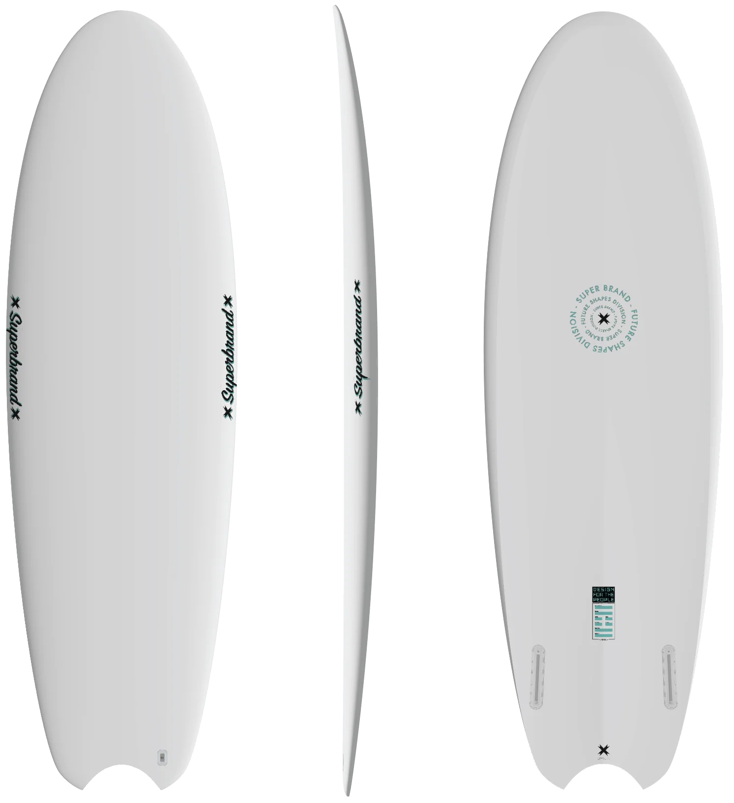 SuperBrand Future Shapes Twin surfboard shown from multiple angles