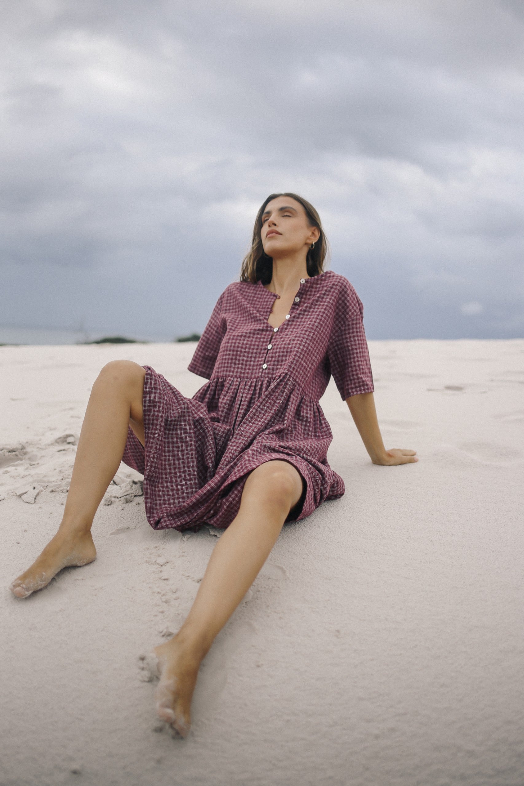 Darcy Midi Dress - Fig Hemp Check | The Bare Road